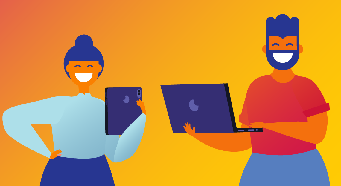 Illustration of a woman and man with big smiles holding laptops