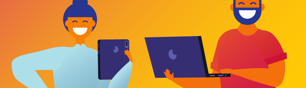 Illustration of a woman and man with big smiles holding laptops