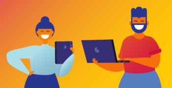 Illustration of a woman and man with big smiles holding laptops