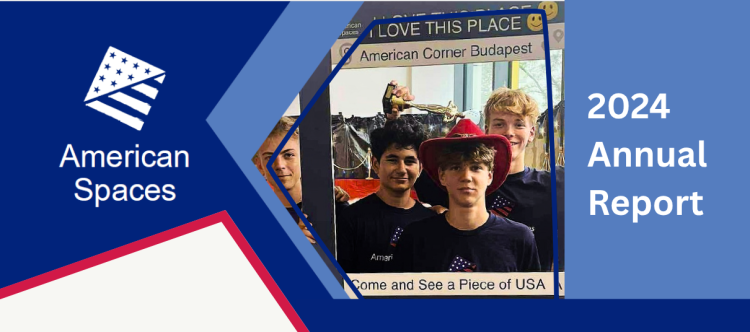 Cover of American Spaces Annual Report featuring four program attendees, smiling 