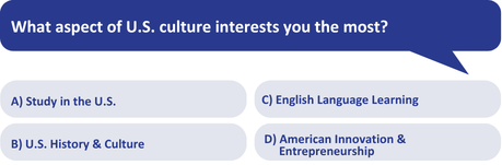 Example: Ask your audience, "What aspect of U.S. culture interests you the most?"

Study in the U.S.
U.S. History & Culture
English Language Learning
American Innovation & Entrepreneurship