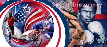 Image of track runner, football player, rock climber, and boxer who all represent sports diplomacy and the available toolkit.